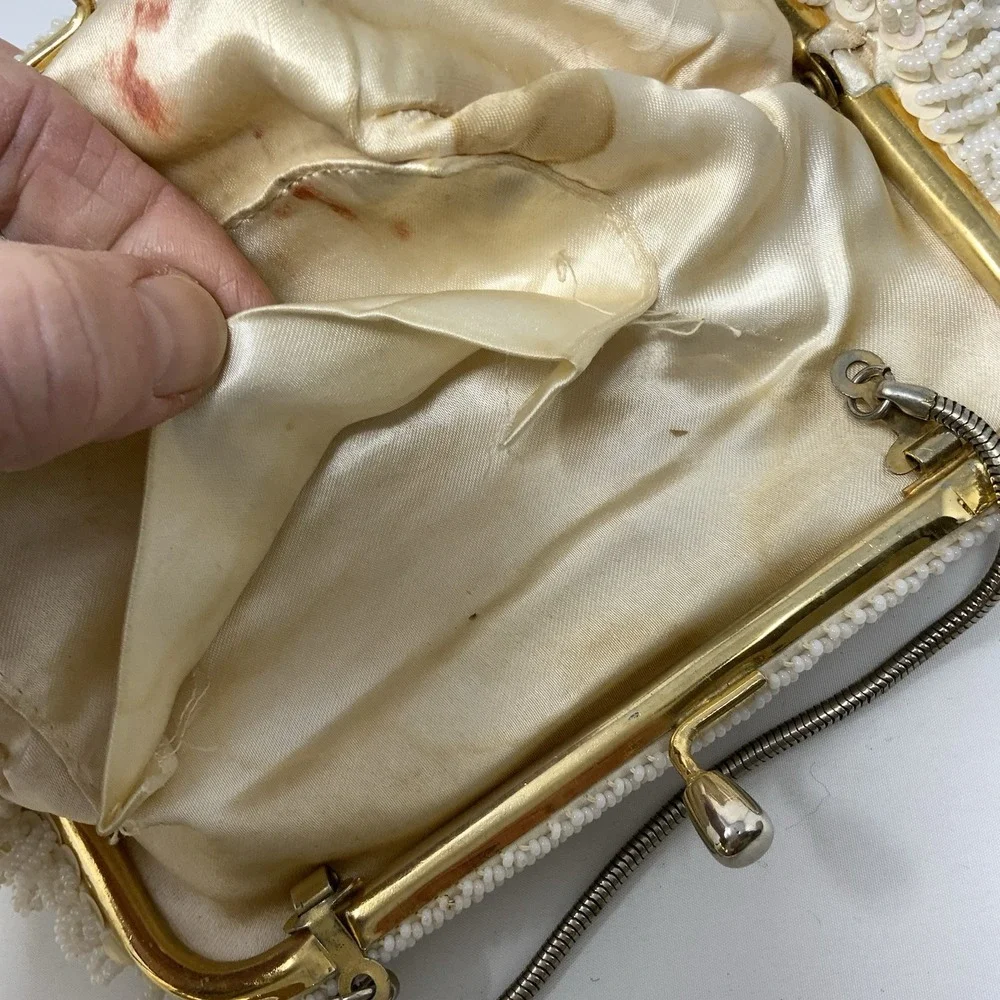 Vintage Beaded Evening Bag Ivory Sequin Gold Satin Interior Wedding Formal 1960s